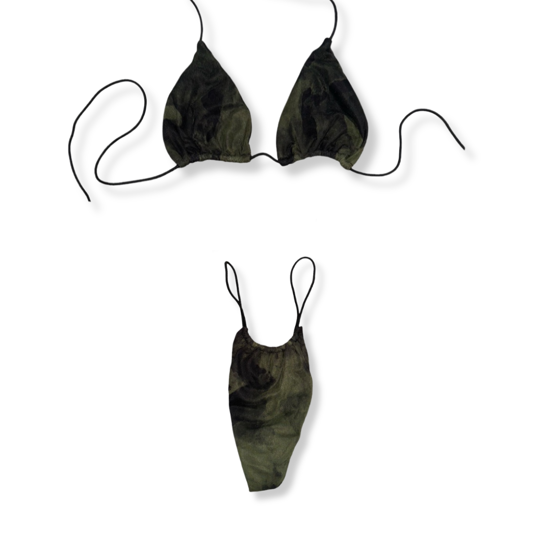 Olive Mesh Tie Dye String Bikini