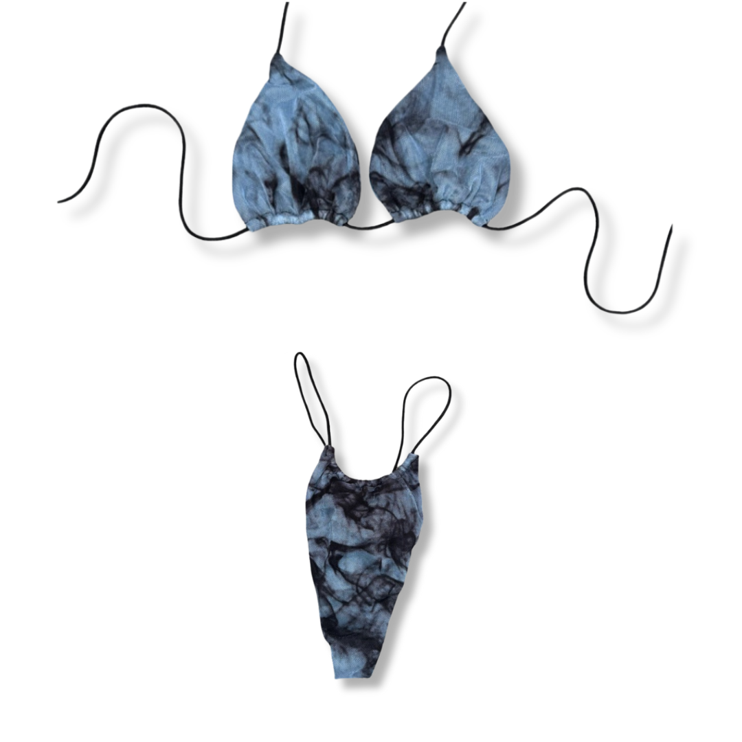 Sky Blue Mesh Tie Dye String Bikini
