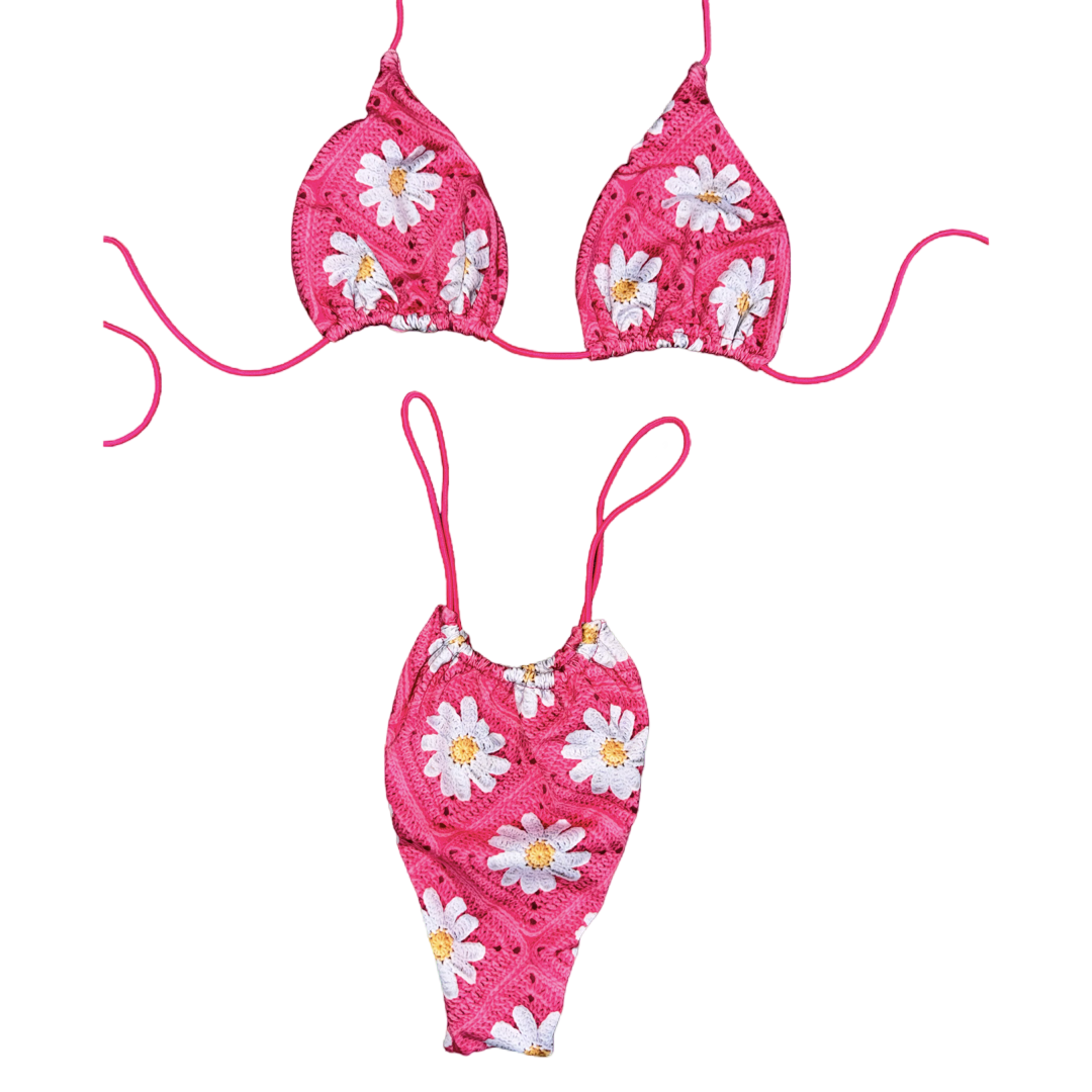 Bright Pink Daisy String Bikini